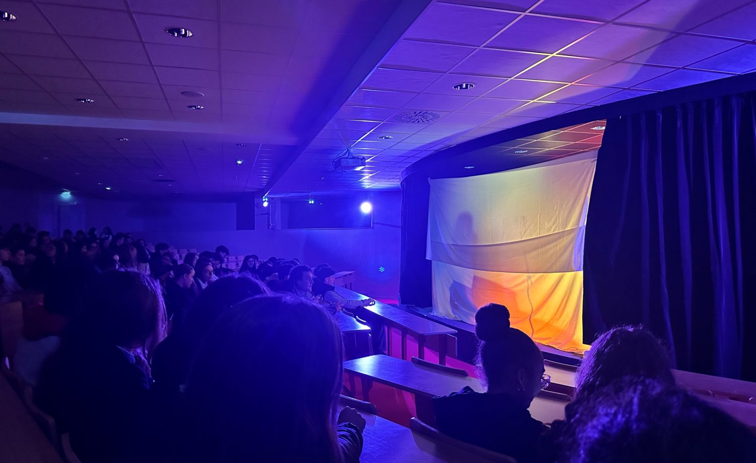 Un élève sur scène lors de The Voice Lycée 2024, captivant le public avec une performance vibrante, sous les projecteurs du lycée Jean-Paul II.